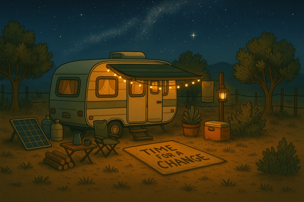 Night camp at A Spark in the Dark Campground: cars parked near a glowing fire under the Milky Way with junipers and a cozy cabin.